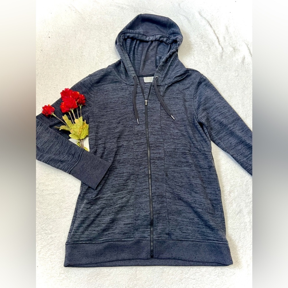 Athleta Heathered Grey Athletic Zip-Up Hooded Sweatshirt - Small